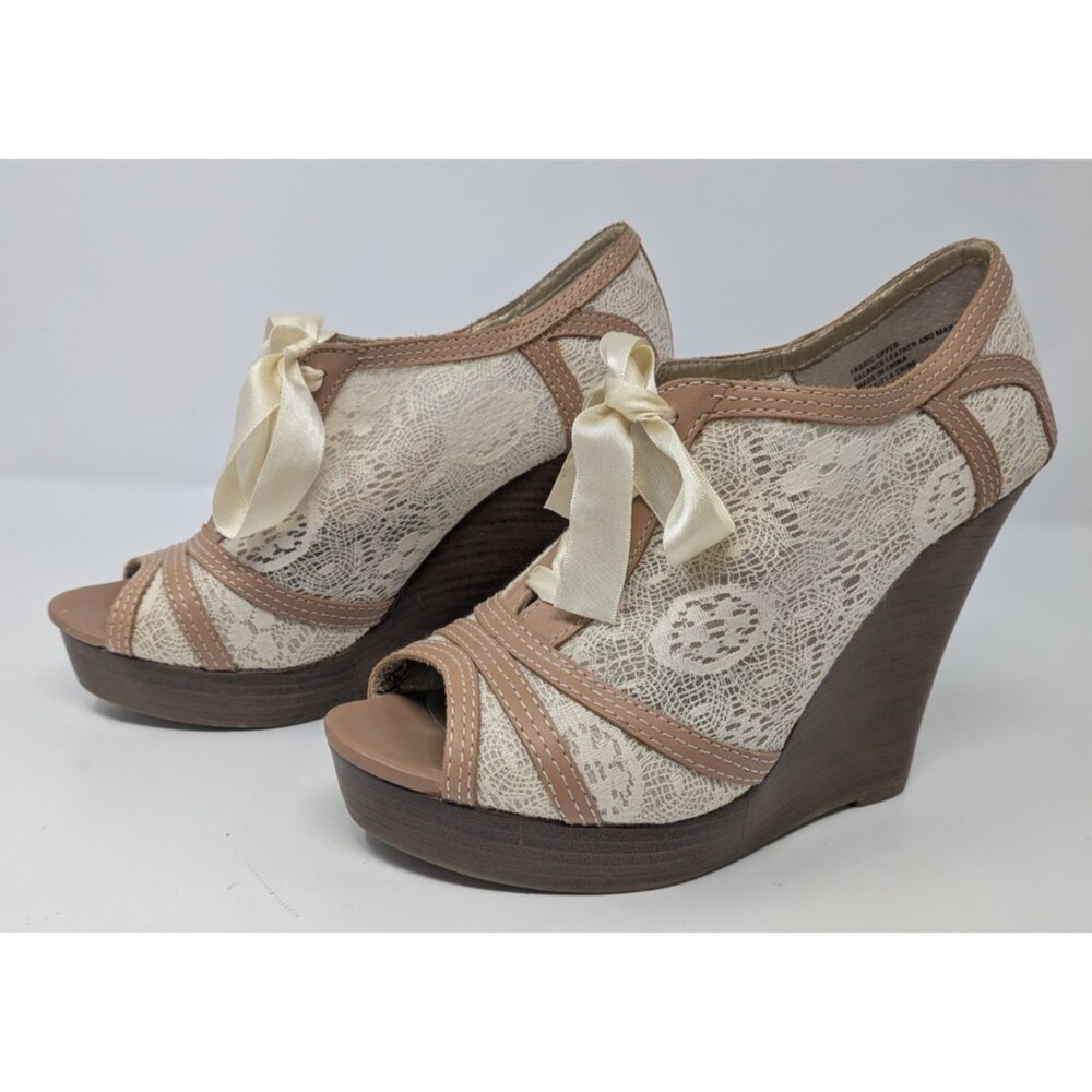 Seychelles Ivory Lace Ribbon Peep Toe Wedge Booties Sz 8 Boho Cottagecore Bridal - Picture 2 of 9